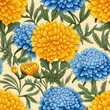 flowers yellow marigold and blue Ageratum pattern