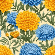 Flowers Yellow Marigold And Blue Ageratum Pattern