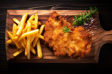 Wall Mural - Breaded German wiener schnitzel with French fries on the wooden background, top view