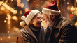 Grandma and Grandpa Couple Sitting on a long bench in front of the house, celebrating Christmas happily, smiling on the blurry background of the Christmas tree. Generative AI