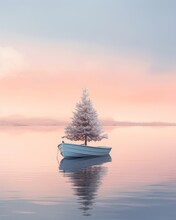 As The Sun Sets Over The Lake, A Majestic Boat Carrying A Christmas Tree Glides Through The Misty Air, A Beautiful Reminder Of The Coming New Year And Nature's Wonders