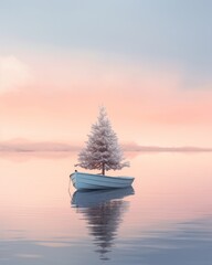 As the sun sets over the lake, a majestic boat carrying a christmas tree glides through the misty air, a beautiful reminder of the coming new year and nature's wonders