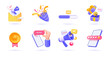 3d Business icon set. Trendy illustrations of Discount, Subscribe, Camera, Safe Payment, Card Denied, Social Media, Smart watch, Thunderbolt, etc. Render 3d vector objects