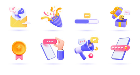 3d Business icon set. Trendy illustrations of Discount, Subscribe, Camera, Safe Payment, Card Denied, Social Media, Smart watch, Thunderbolt, etc. Render 3d vector objects