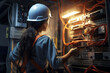 young woman electrician repairing a fuse in background of electric distribution board. Working or engineer business concept.