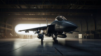 interior view of a generic military fighter jet parked inside a military barracks or hangar as wide banner with copyspace area for world war conflict and air force concepts,