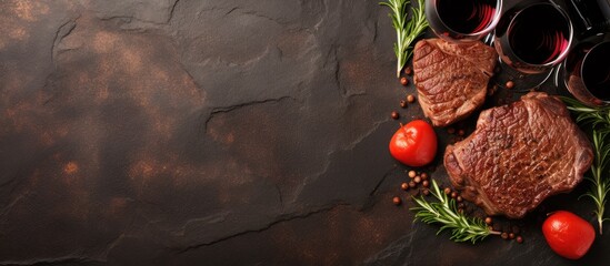 Poster - Two heart shaped beef steaks spices wine Valentine s day stone background