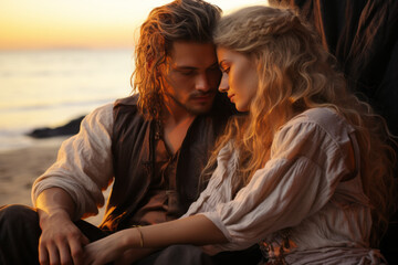 A handsome man in love with a beautiful woman with long blonde hair, sitting on the beach, with ocean in background , pirate couple in vintage clothing