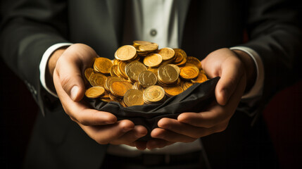 Businessman wearing a suit holding a bag full of golden coins representing a lot of money