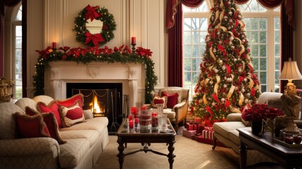 Christmas cozy home interior. Christmas room with a decorated Christmas tree.