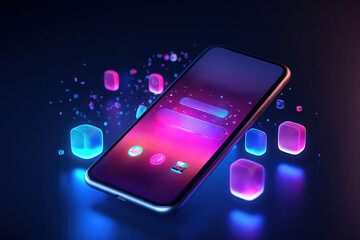 levitating smartphone on an abstract neon background with app interface on the screen.
