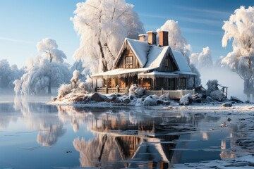 Wall Mural - Frozen lake chalet in Nevada landscape., generative IA