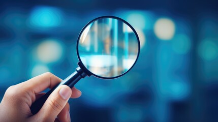 Hand holding magnifying glass on a blurred blue background