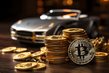 Gold bitcoin and a toy car on a dark background. Crypto currency.