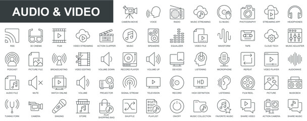 Poster - Audio and video web icons set in thin line design. Pack of camera movie, voice, radio, music streaming, photography, headphones, cinema, podcast, broadcasting, other. Vector outline stroke pictograms