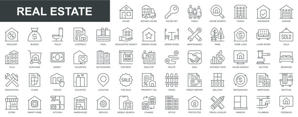Wall Mural - Real estate web icons set in thin line design. Pack of house, moving home, key, insurance, garage, budget, contract, realtor agency, mortgage, loan, property, other. Vector outline stroke pictograms
