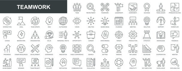 Wall Mural - Teamwork web icons set in thin line design. Pack of team, recruitment, leadership, agreement, success, leader, problem solving, interaction, goal, idea, vision, other. Vector outline stroke pictograms