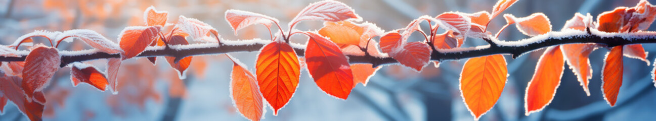 Sticker - tree branch with autumn orange leaves covered with frost. Generative Ai