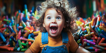 Joyful Preschooler, Ecstatic With Multicolor Crayons In Hand, Exuding Euphoria And Delight In A Vibrant Kindergarten Classroom Setting.