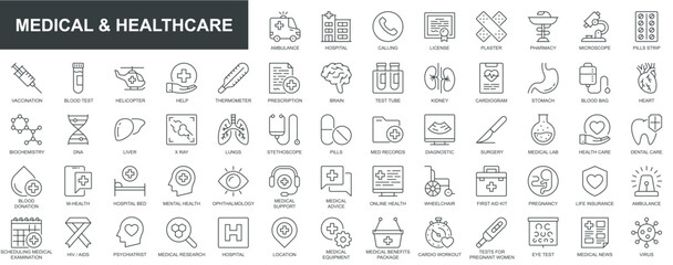 Poster - Medical and healthcare web icons set in thin line design. Pack of ambulance, hospital, calling, license, pharmacy, microscope, vaccination, help, health care, other. Vector outline stroke pictograms