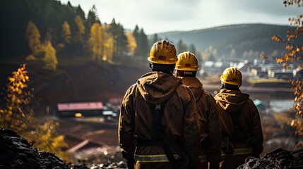 Back view miners wearing safety gear