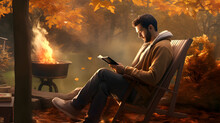 Man Sitting On A Campfire Reading A Book By The Lake.
