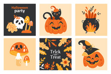 Halloween Holiday Greeting Card Set With Cute Jack O Lantern Pumpkin, Black Cat, Mushrooms And Autumn Leaves. Hand Drawn Print For Stickers, Banner And Decoration