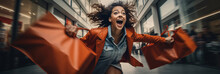 Joyful woman racing through a mall with her shopping bags in tow