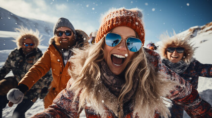 winter, extreme sport and people concept - happy friends having fun on the snow and making selfie.