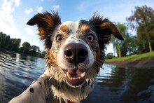 Cute Domestic Animal Blogger. Portrait Of Funny Dog Which Makes Selfie Photographs Himself By Paw On Pond Lake. Adorable Pet Posing Like He Takes Photos With Mobile Smartphone Makes Video Call
