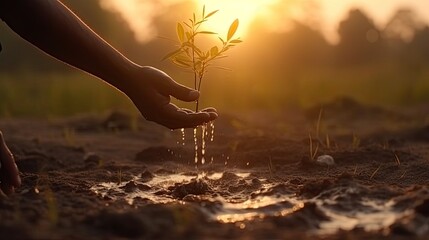 Poster -  Close Up Two Hands Holding Water and Watering Young Tree to Growing Up in Park in Sunset