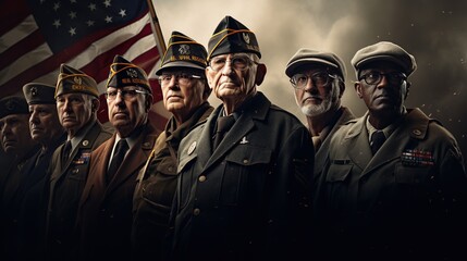 A heartening depiction of veterans from various branches of the military, standing proudly with medals