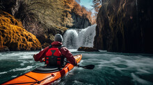 Generative AI, Kayak Raft River Waterfall, Extreme Sport Concept, Whitewater Kayaking