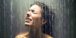 Mesmerizing visual of a tear-stricken woman in a shower, washed in de-contrasted, cold colors and filter, an emotive reflection on feelings and freedom.