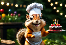 Chipmunk Wearing Chef Hat, Holding Birthday Cake. Generative AI