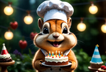 Sticker - Chipmunk wearing chef hat, holding birthday cake. Generative AI