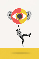 Poster - Vertical artwork collage of impressed terrified black white effect mini guy arms hold hang rope huge eyeball ears isolated on creative background