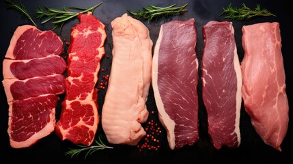 Wall Mural - Assorted of Raw meat steaks on with spices on a black stone background, top view angle, generative ai