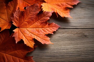 Poster - Autumn maple leaves on wooden table.