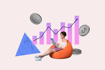 Photo collage of young business lady lying beanbag tablet analyzing crypto industry results graphic up isolated on white color background