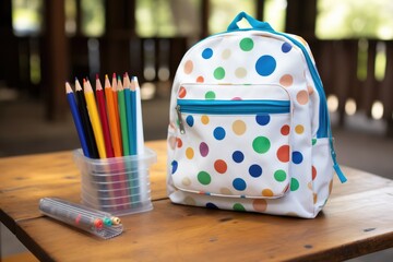 Wall Mural - A child's little spotty canvas schoolbag on a sunny wooden table