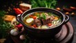 Paleo bone broth diet, beef meat soup. Low-carb food, keto recipe.