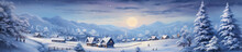 Christmas Card With A Panorama Of The Village And Fir Trees In The Snow. Generative Ai