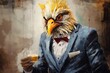 Chicken wearing suit is against wall background, painting. Beautiful illustration picture