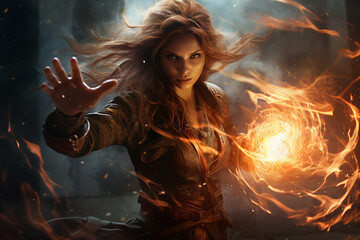 Wall Mural - generative ai collage photo of strong warrior woman fight with fire spell