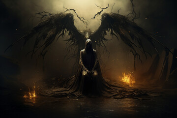 Wall Mural - Genrative ai collage picture of evil satanic inferno with dark wings fallen angel in hell