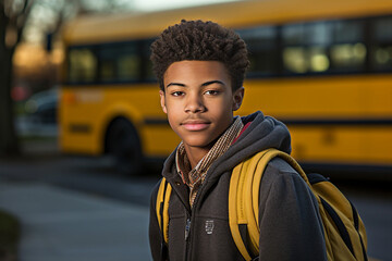 Portrait generative AI of african american teenage boy student after getting off of bus