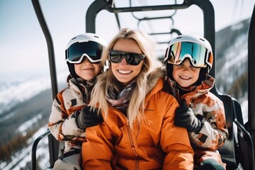 Wall Mural - Mother with kids sitting on a ski lift