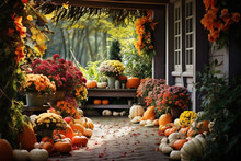Porch Of The Backyard Decorated With Pumpkins And Autumn Flowers