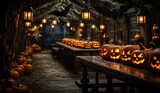Fototapeta Młodzieżowe - Halloween witch table with lighted pumpkins, hat and candles, black background, 3D rendering